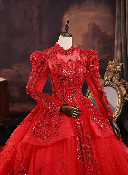 Vestido de fiesta de boda de tul rojo con mangas largas y lentejuelas